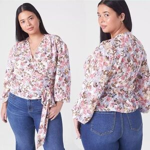 Lane Bryant Womens Floral Burnout Long Sleeve Wrap Top Sz 28 V Neck Cottagecore
